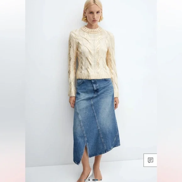 NWT Mango Gold Foil Embellished Crew Neck Cable Knit Sweater M - Picture 6 of 8